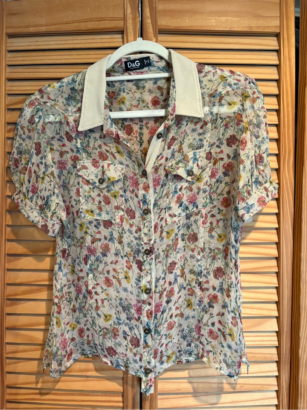 D&G Floral Button-Up Blouse Floral Short Silk Top Bohemian Luxury Cottagecore